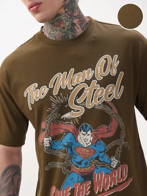 DC By Highlander Men Brown Superman Printed Round Neck Relaxed Fit T-Shirt