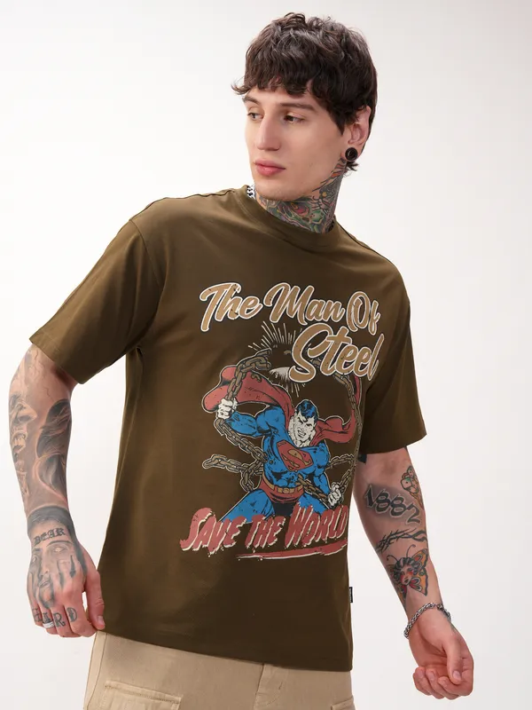 DC By Highlander Men Brown Superman Printed Round Neck Relaxed Fit T-Shirt