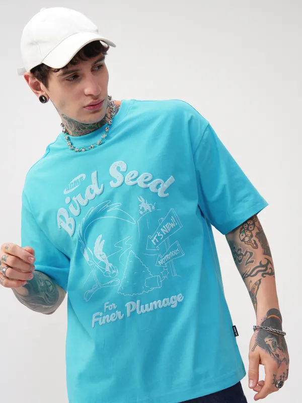 WB By Highlander Men Blue Looney Tunes Printed Round Neck Oversized Fit T-Shirt