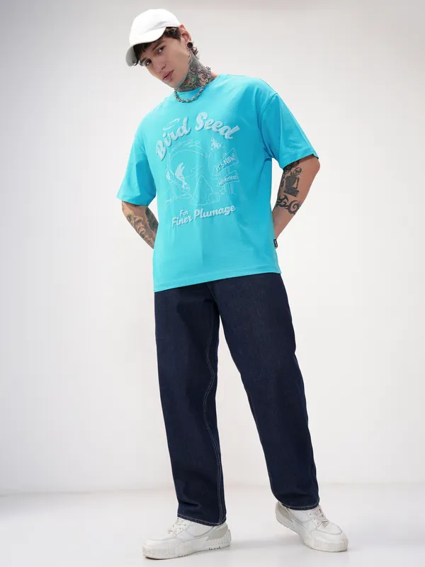 WB By Highlander Men Blue Looney Tunes Printed Round Neck Oversized Fit T-Shirt