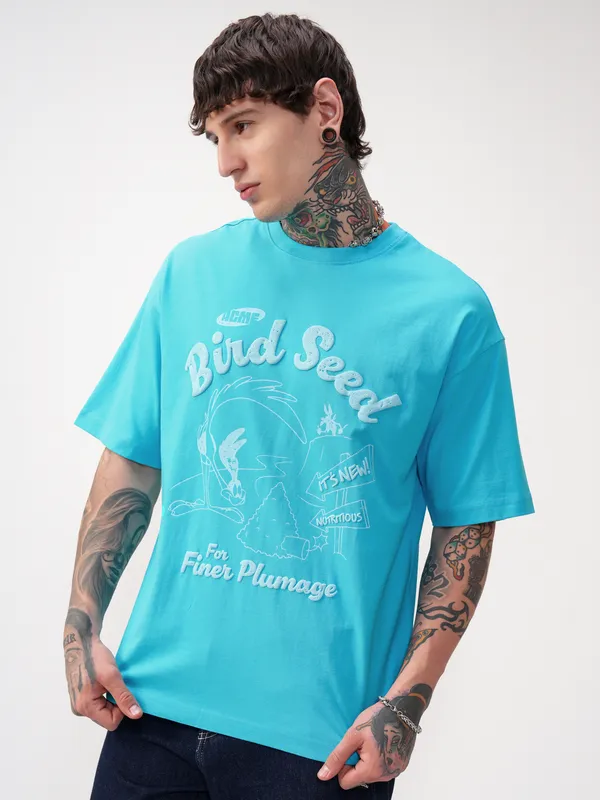 WB By Highlander Men Blue Looney Tunes Printed Round Neck Oversized Fit T-Shirt