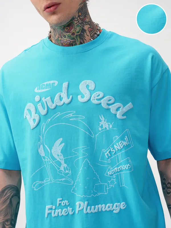 WB By Highlander Men Blue Looney Tunes Printed Round Neck Oversized Fit T-Shirt