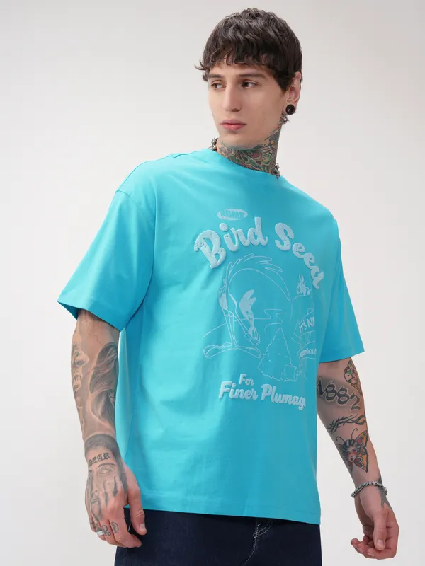 WB By Highlander Men Blue Looney Tunes Printed Round Neck Oversized Fit T-Shirt