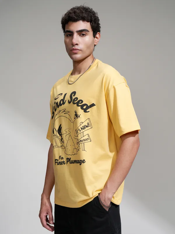 WB By Highlander Men Yellow Looney Tunes Printed Oversized Fit T-Shirt