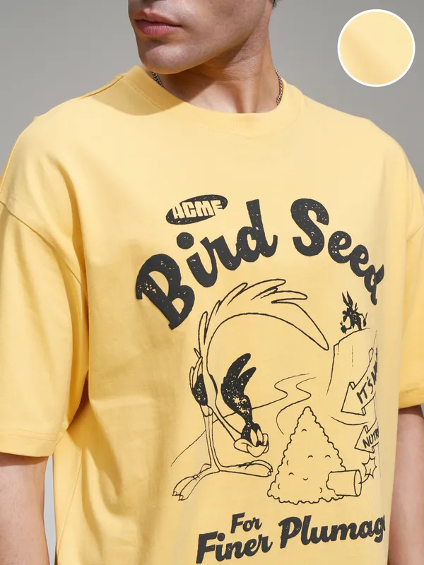 WB By Highlander Men Yellow Looney Tunes Printed Oversized Fit T-Shirt