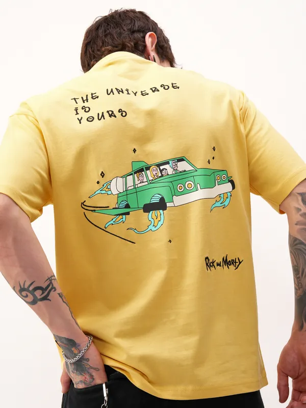 WB By Highlander Men Yellow Rick And Morty Printed Round Neck T-Shirt