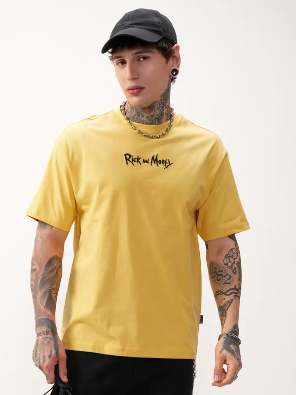 WB By Highlander Men Yellow Rick And Morty Printed Round Neck T-Shirt