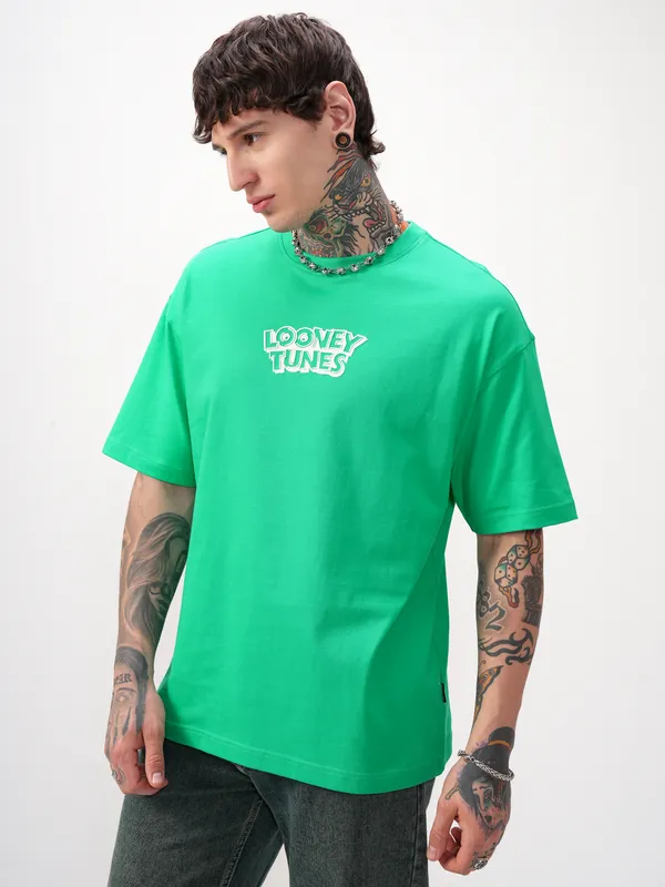 WB By Highlander Men Green Looney Tunes Printed Round Neck T-Shirt