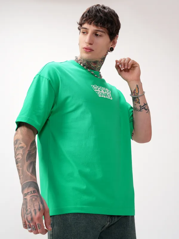 WB By Highlander Men Green Looney Tunes Printed Round Neck T-Shirt