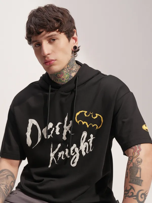 DC By Highlander Men Black Batman Printed Hood Oversized Fit T-Shirt