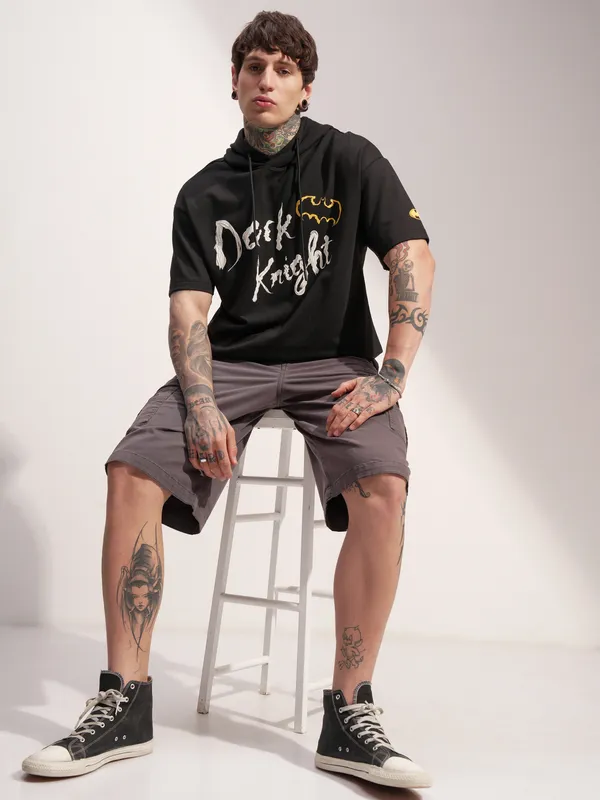 DC By Highlander Men Black Batman Printed Hood Oversized Fit T-Shirt