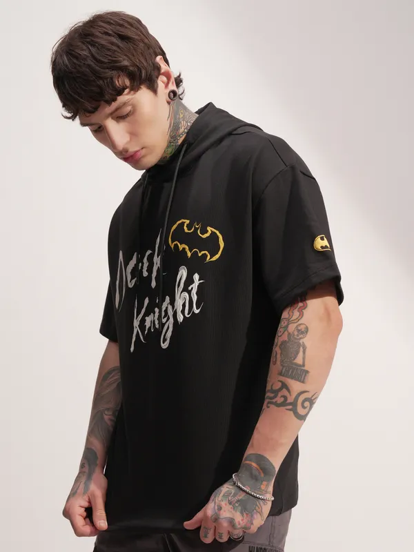 DC By Highlander Men Black Batman Printed Hood Oversized Fit T-Shirt