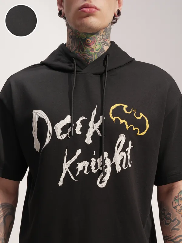 DC By Highlander Men Black Batman Printed Hood Oversized Fit T-Shirt