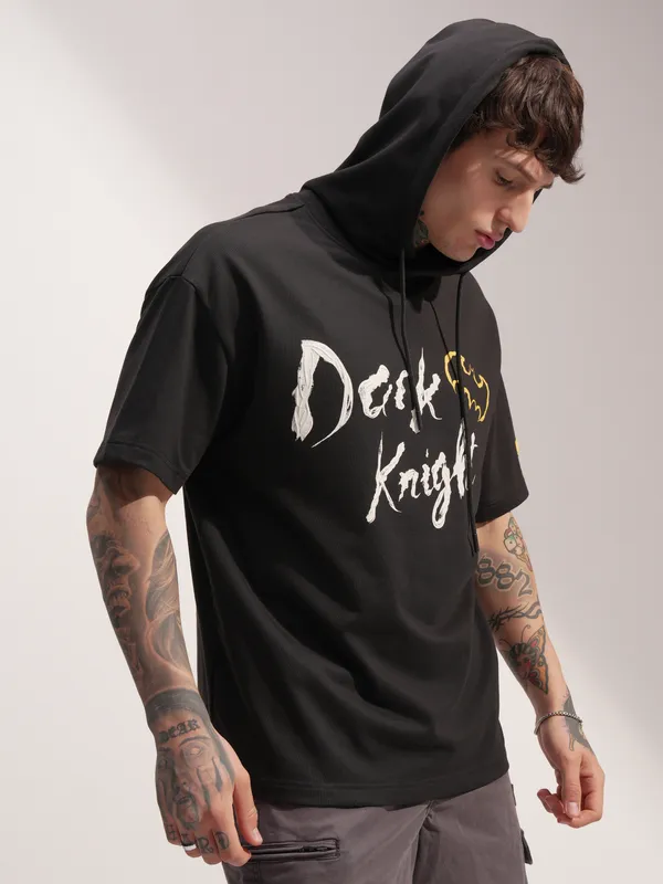 DC By Highlander Men Black Batman Printed Hood Oversized Fit T-Shirt