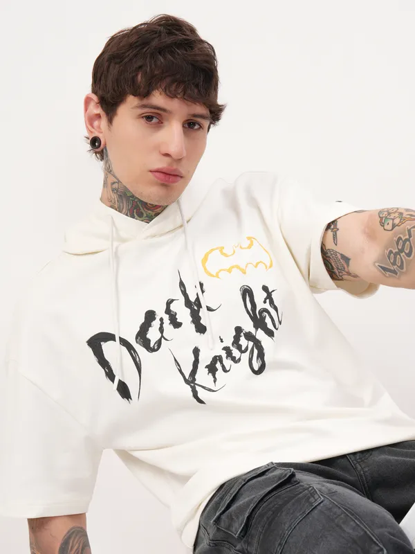 DC By Highlander Men Off White Batman Printed Hood Oversized Fit T-Shirt