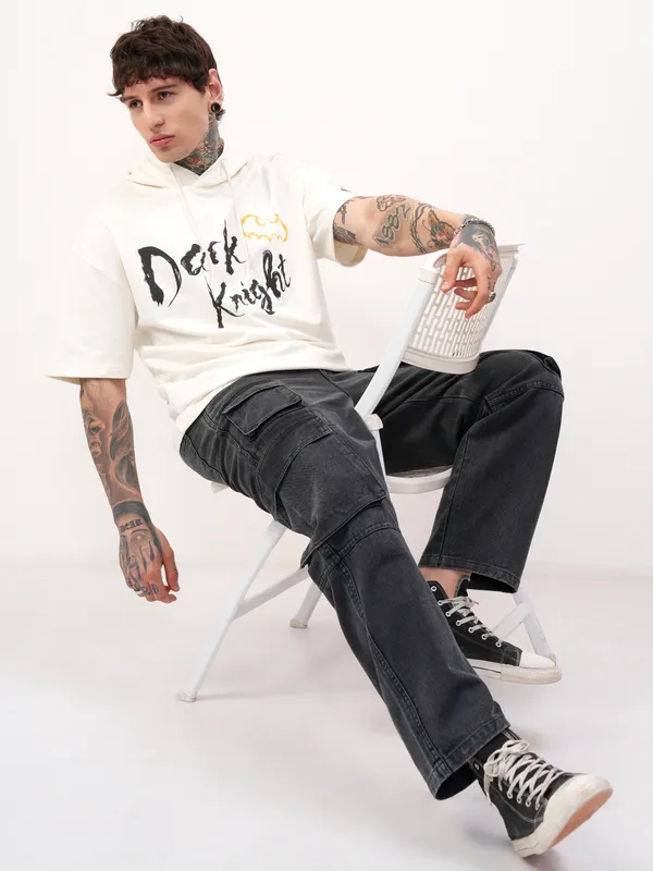 DC By Highlander Men Off White Batman Printed Hood Oversized Fit T-Shirt