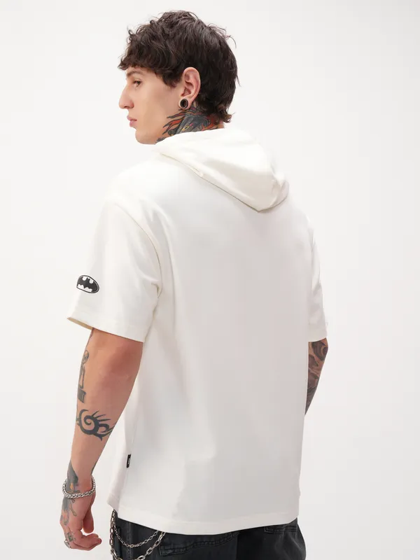 DC By Highlander Men Off White Batman Printed Hood Oversized Fit T-Shirt