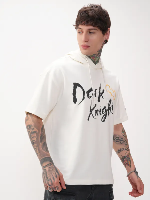 DC By Highlander Men Off White Batman Printed Hood Oversized Fit T-Shirt