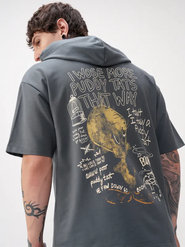 WB By Highlander Men Grey Looney Tunes Printed Hood Oversized Fit T-Shirt