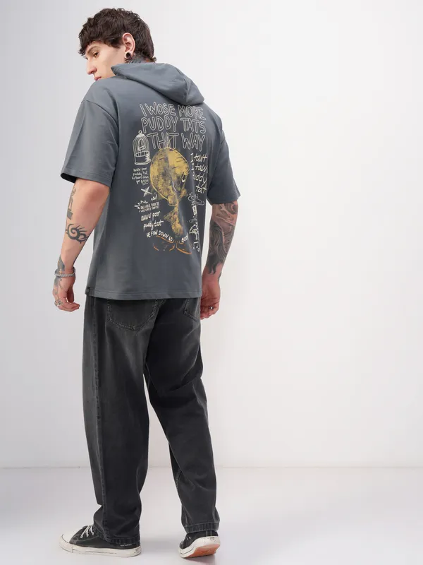 WB By Highlander Men Grey Looney Tunes Printed Hood Oversized Fit T-Shirt