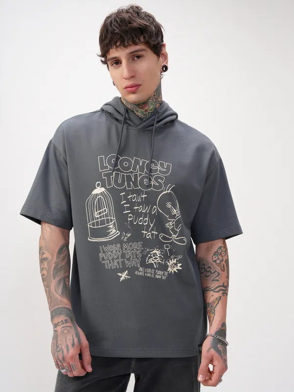 WB By Highlander Men Grey Looney Tunes Printed Hood Oversized Fit T-Shirt