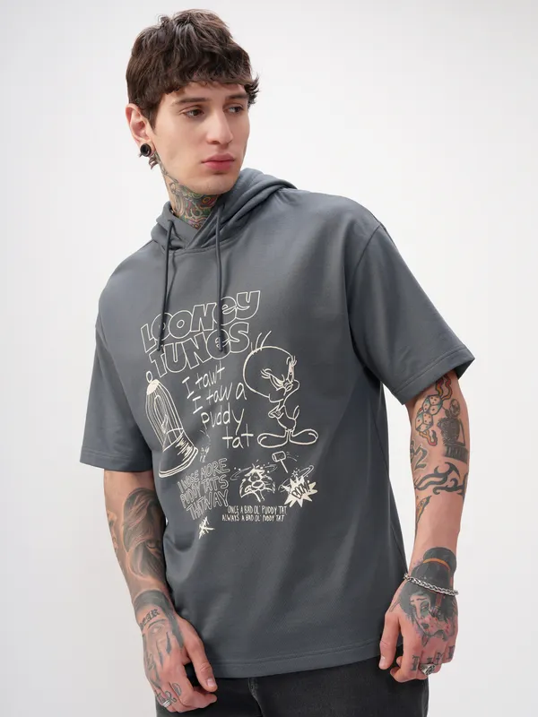 WB By Highlander Men Grey Looney Tunes Printed Hood Oversized Fit T-Shirt