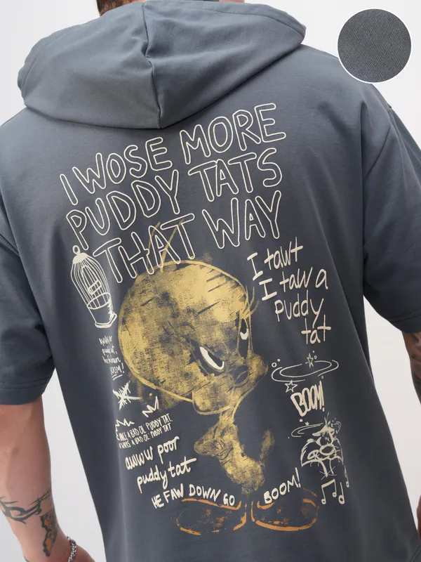 WB By Highlander Men Grey Looney Tunes Printed Hood Oversized Fit T-Shirt