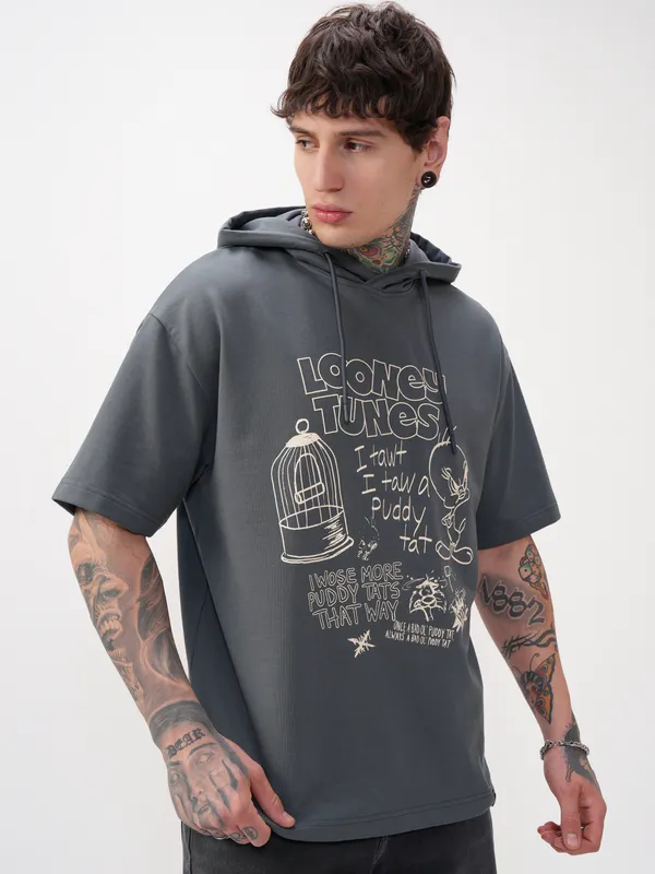 WB By Highlander Men Grey Looney Tunes Printed Hood Oversized Fit T-Shirt