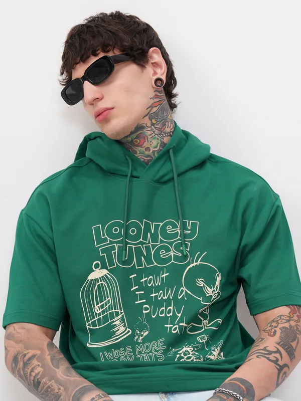 WB By Highlander Men Green Looney Tunes Printed Hood Oversized Fit T-Shirt