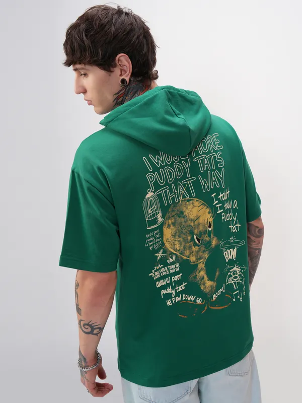 WB By Highlander Men Green Looney Tunes Printed Hood Oversized Fit T-Shirt
