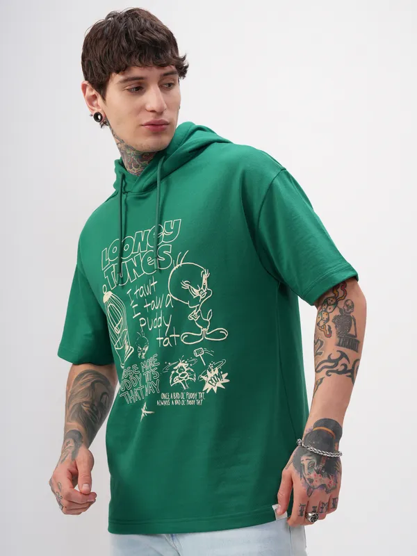 WB By Highlander Men Green Looney Tunes Printed Hood Oversized Fit T-Shirt