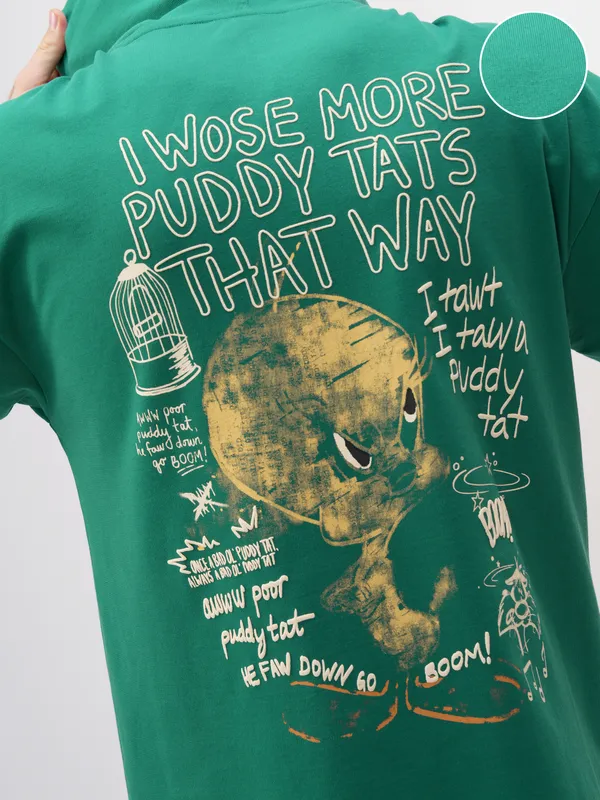 WB By Highlander Men Green Looney Tunes Printed Hood Oversized Fit T-Shirt