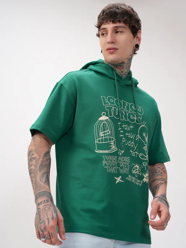WB By Highlander Men Green Looney Tunes Printed Hood Oversized Fit T-Shirt