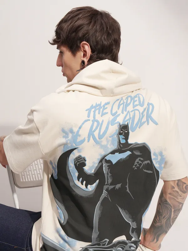 DC By Highlander Men Cream Batman Printed Hood Oversized Fit T-Shirt