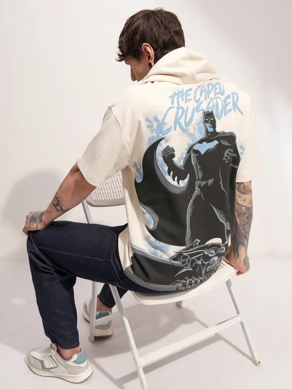 DC By Highlander Men Cream Batman Printed Hood Oversized Fit T-Shirt
