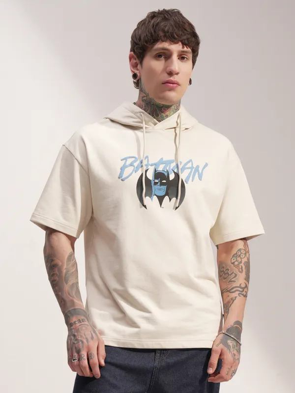 DC By Highlander Men Cream Batman Printed Hood Oversized Fit T-Shirt