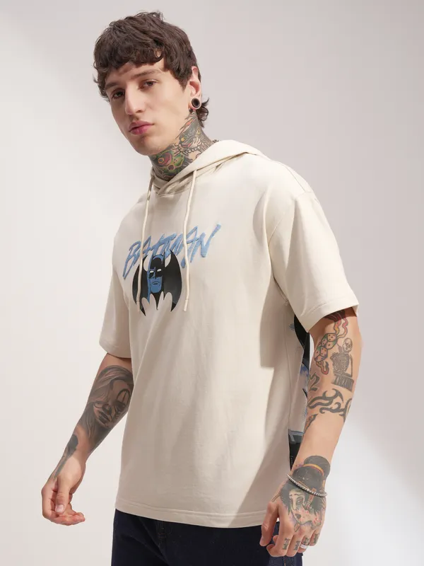 DC By Highlander Men Cream Batman Printed Hood Oversized Fit T-Shirt