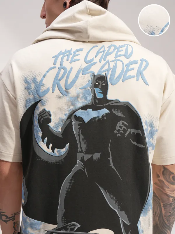 DC By Highlander Men Cream Batman Printed Hood Oversized Fit T-Shirt