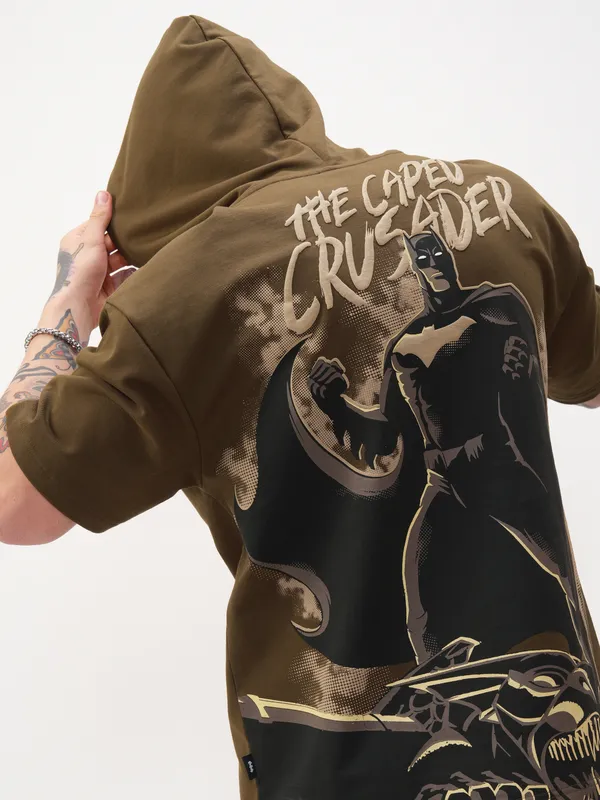 DC By Highlander Men Brown Batman Printed Hood Oversized Fit T-Shirt