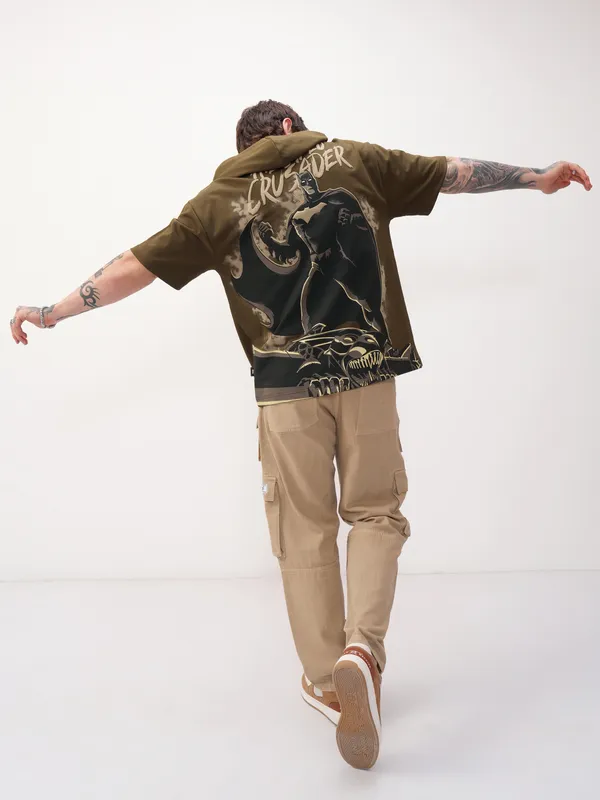 DC By Highlander Men Brown Batman Printed Hood Oversized Fit T-Shirt