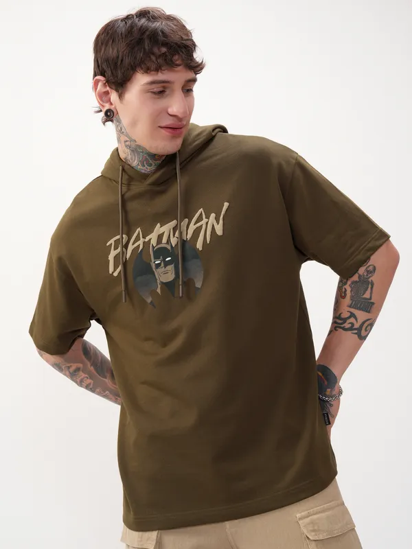 DC By Highlander Men Brown Batman Printed Hood Oversized Fit T-Shirt