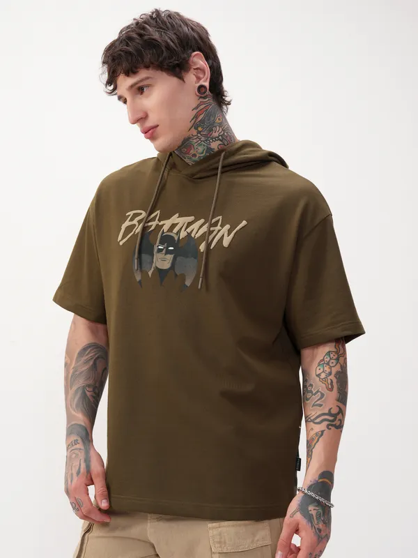DC By Highlander Men Brown Batman Printed Hood Oversized Fit T-Shirt