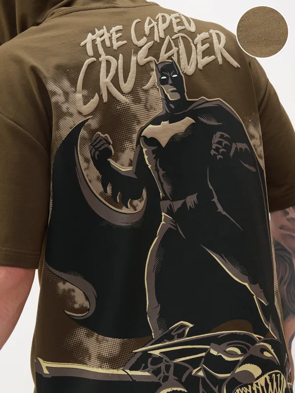 DC By Highlander Men Brown Batman Printed Hood Oversized Fit T-Shirt