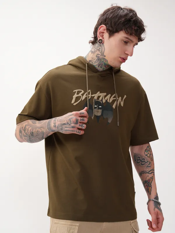 DC By Highlander Men Brown Batman Printed Hood Oversized Fit T-Shirt