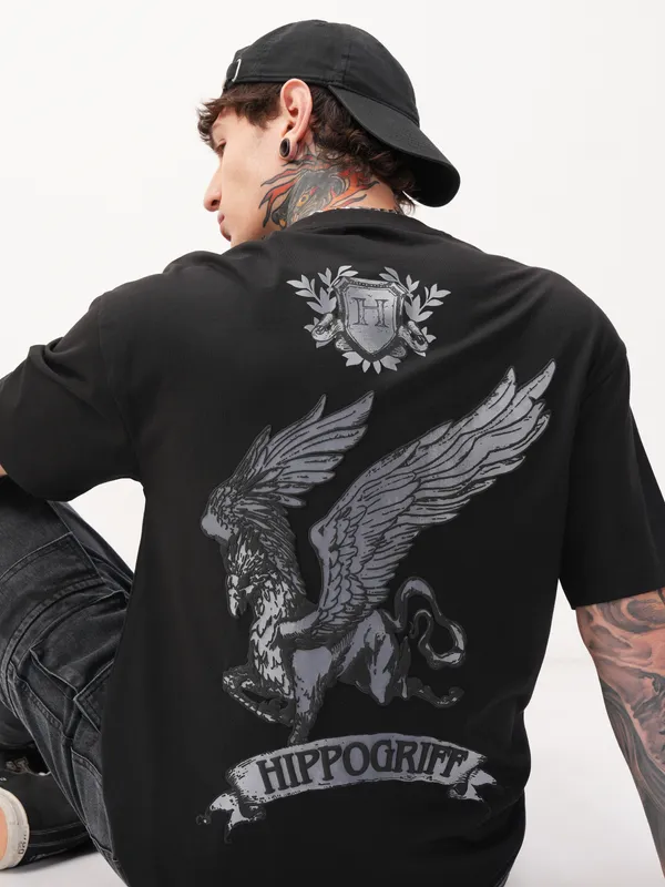 WB By Highlander Men Black Harry Potter Printed Round Neck Oversized Fit T-Shirt