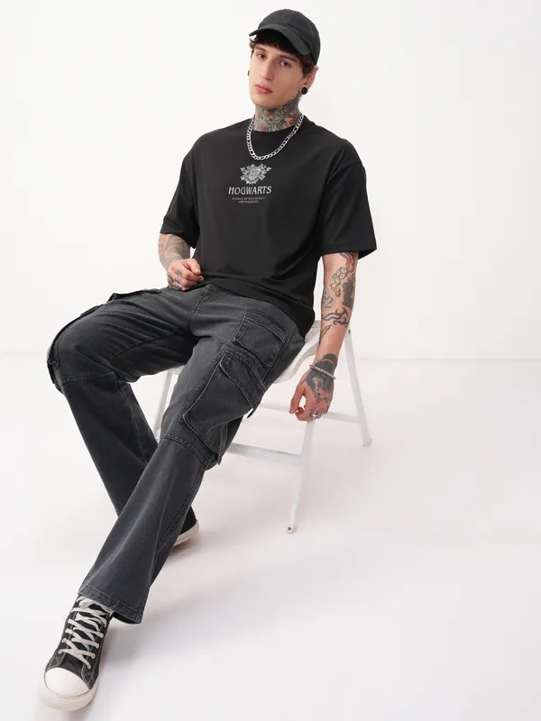 WB By Highlander Men Black Harry Potter Printed Round Neck Oversized Fit T-Shirt