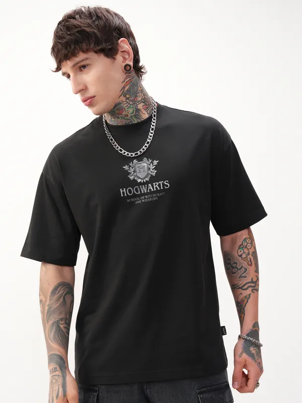 WB By Highlander Men Black Harry Potter Printed Round Neck Oversized Fit T-Shirt