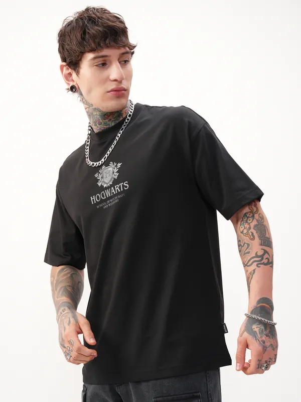 WB By Highlander Men Black Harry Potter Printed Round Neck Oversized Fit T-Shirt