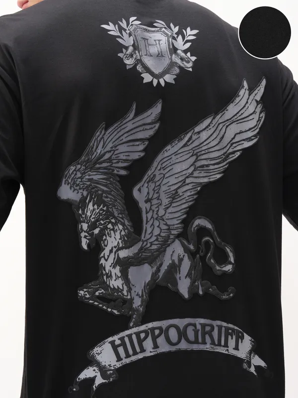 WB By Highlander Men Black Harry Potter Printed Round Neck Oversized Fit T-Shirt