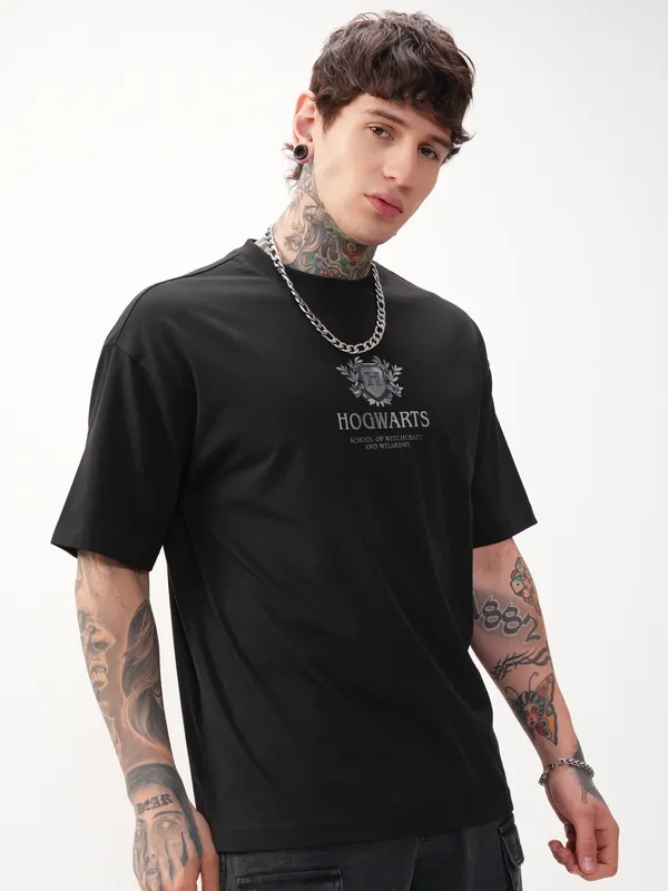 WB By Highlander Men Black Harry Potter Printed Round Neck Oversized Fit T-Shirt